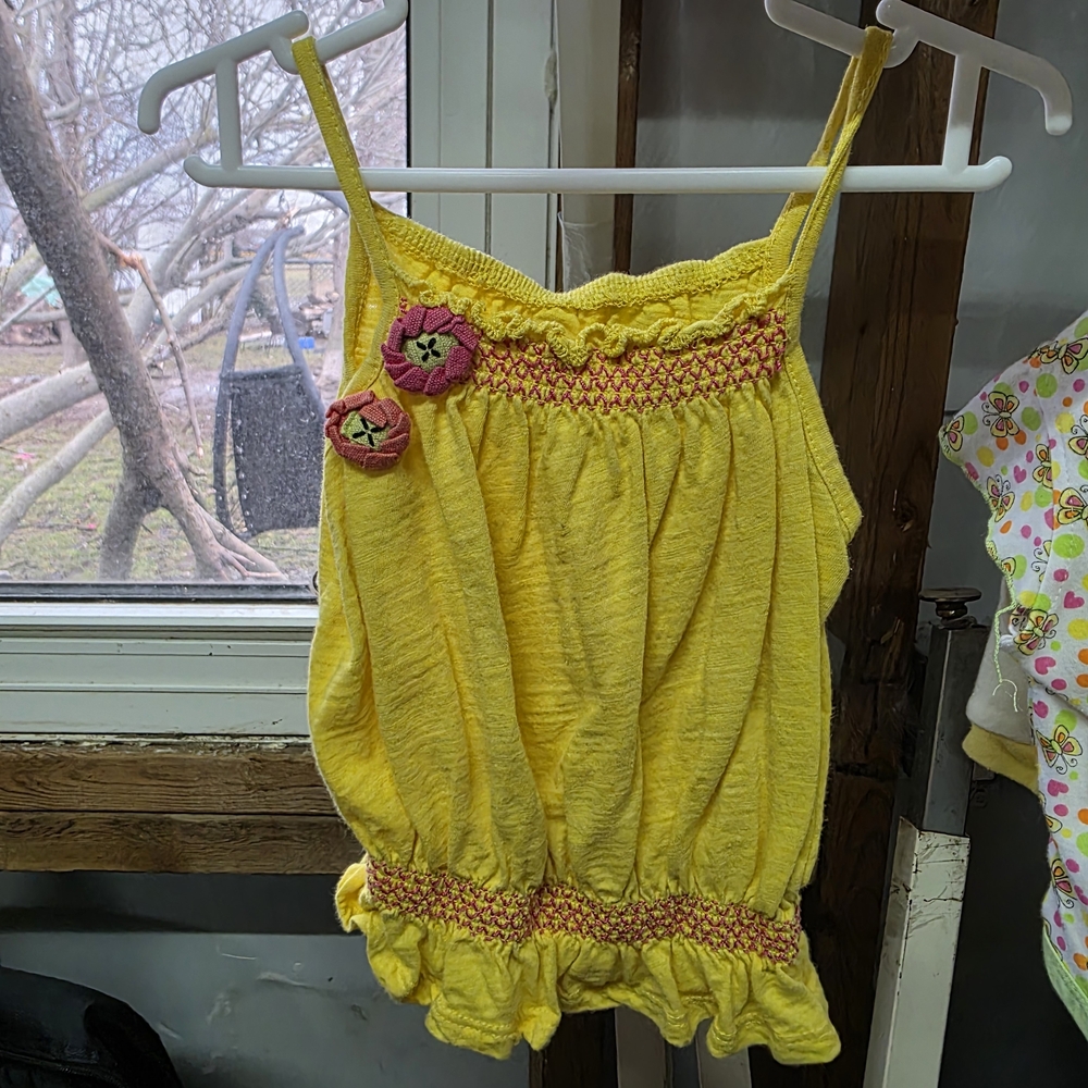 George Bright Yellow Smocked Tank with Pink Flower Accents